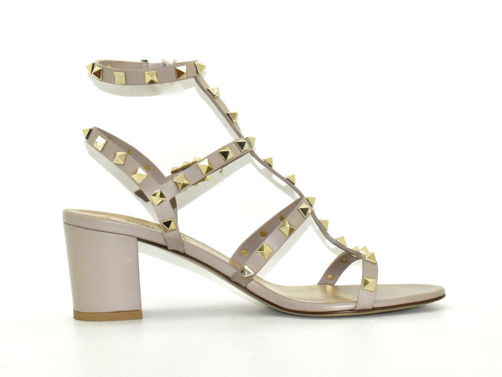 I0 Auth VALENTINO GARAVANI Rockstud Poudre Calfskin Caged T-strap Sandals Sz 39